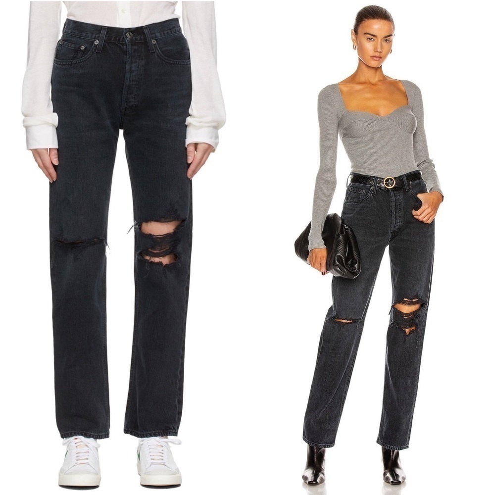 AGOLDE 90s Washed Black Distressed Denim Rip Knee Straight Leg Relaxed Jeans 23 - Picture 4 of 15